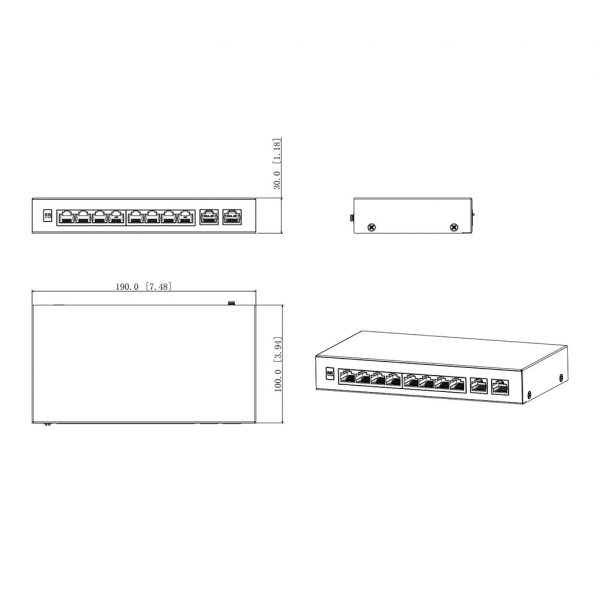 ابعاد و نماهای مختلف سوییچ شبکه داهوا DH-PFS3010-8ET-65